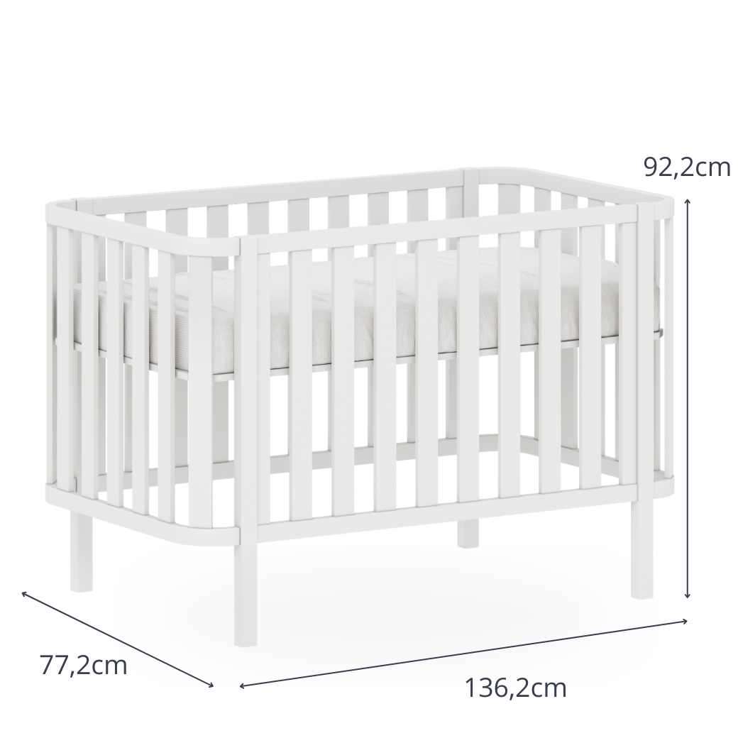 Berço Branco Softy com medidas, Altura 92,2cm, Largura 136,2cm e profundidade 77,2cm.