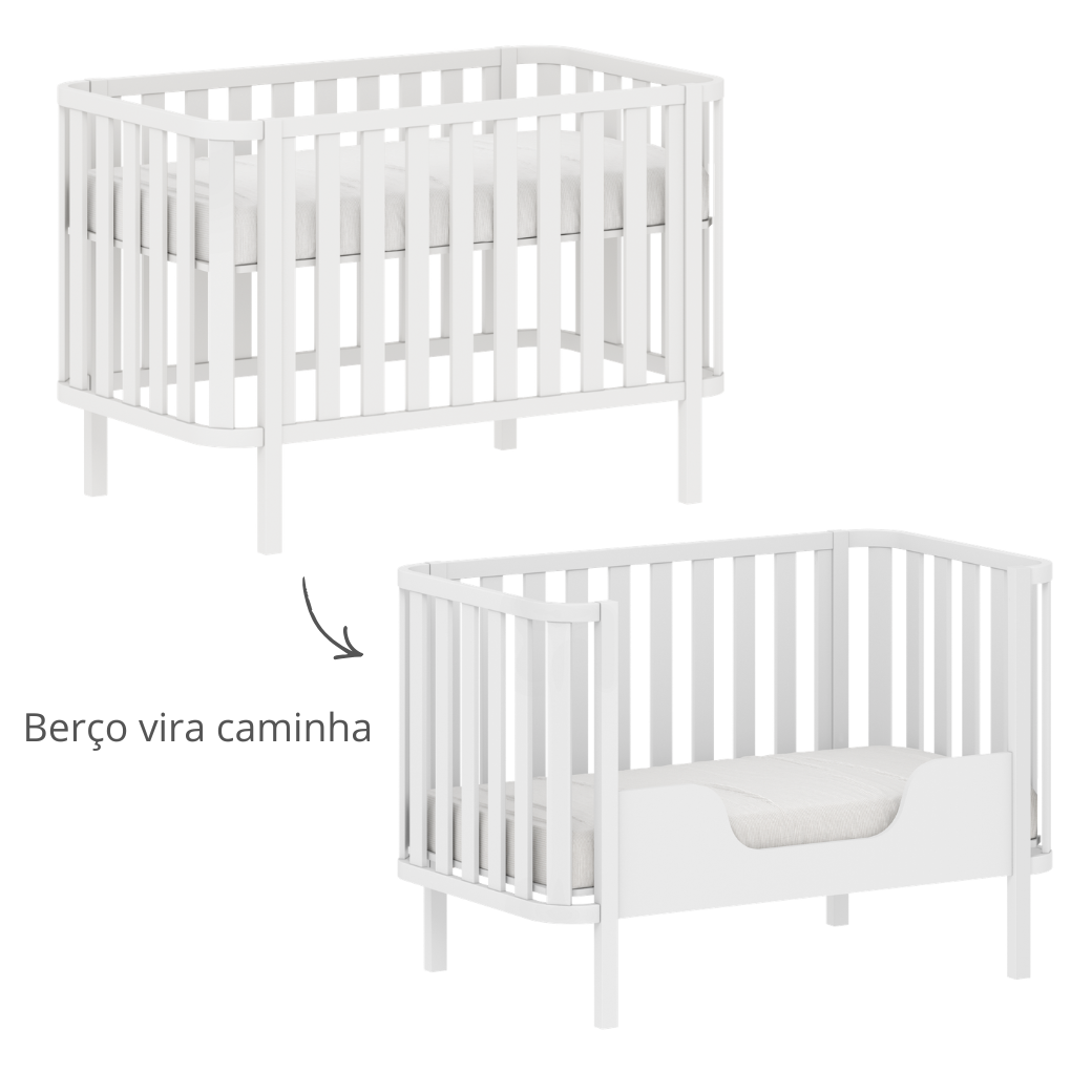Berço vira mini cama com proteção lateral inclusa.