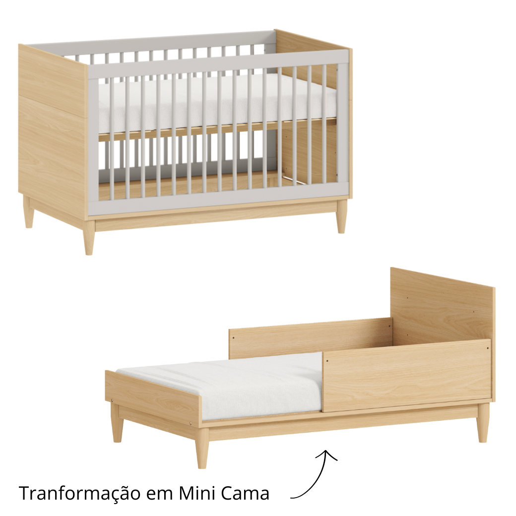 Conjunto Berço e Cômoda 6 gavetas Cinza com Carvalho Malva Linha Tomi