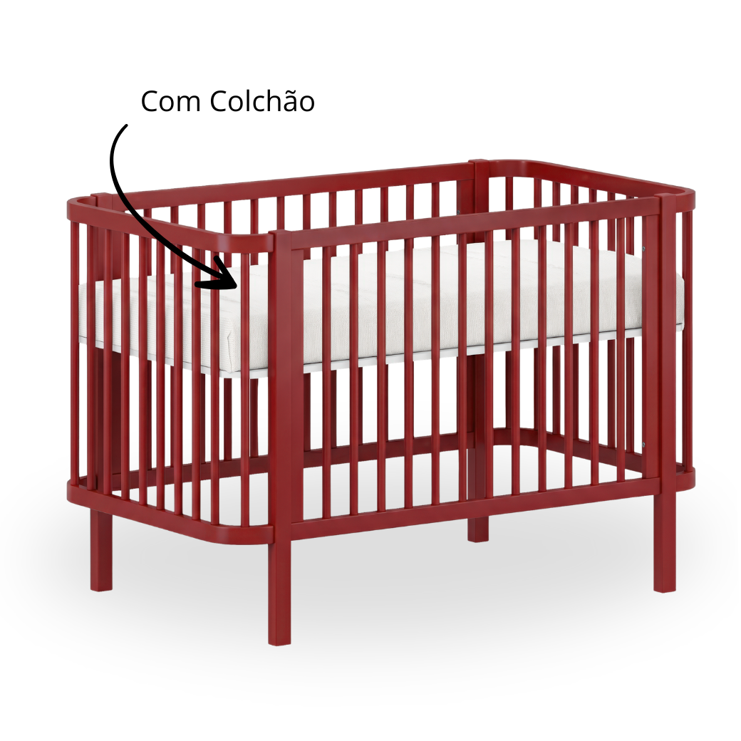 Berço de Madeira Maciça 2 em 1 Linha Kurve Prisma | Vermelho Cherry