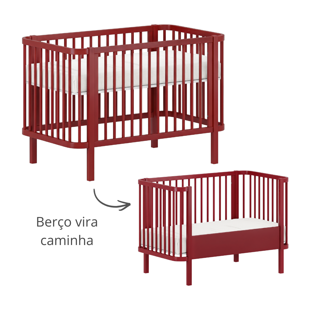 Berço de Madeira Maciça 2 em 1 Linha Kurve Prisma | Vermelho Cherry