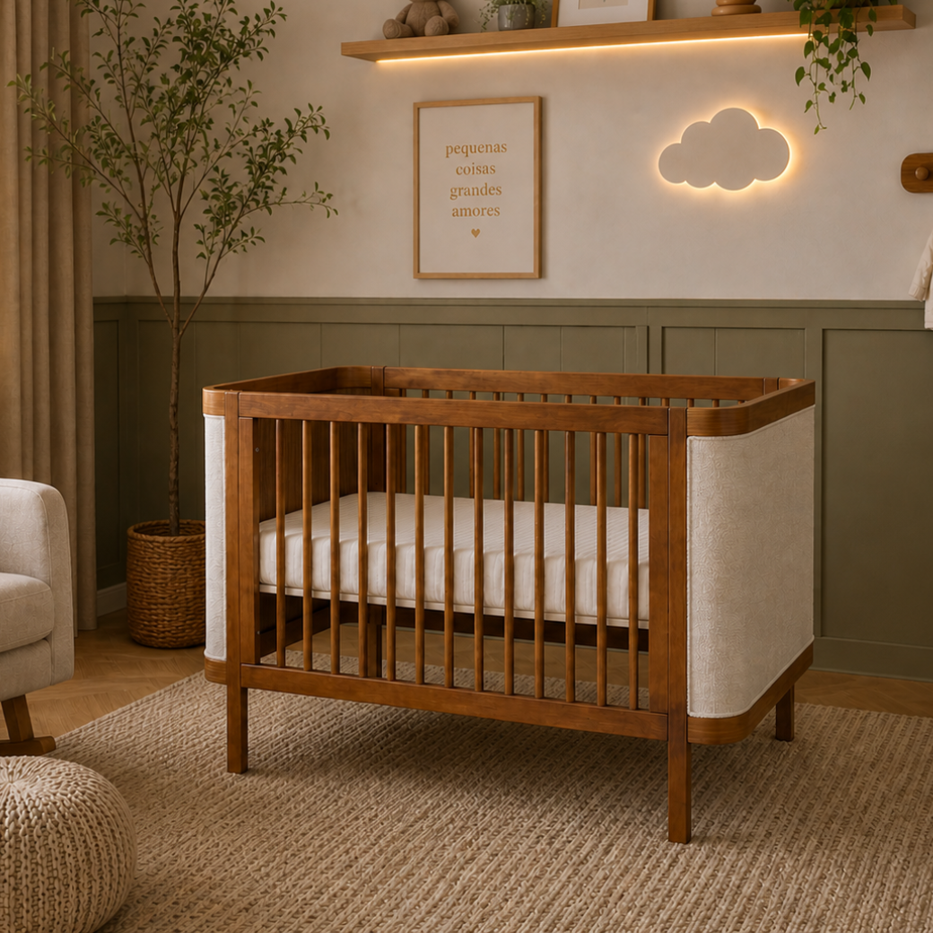 Berço Luxo Madeira Maciça Quater Móveis Linha Soley com detalhes em tecido bouclé.