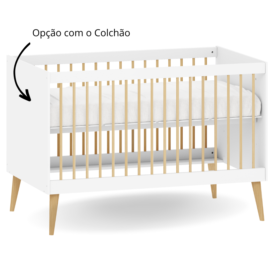 Berço Americano de Bebê 2 em 1 Linha Retrô Branco com Carvalho
