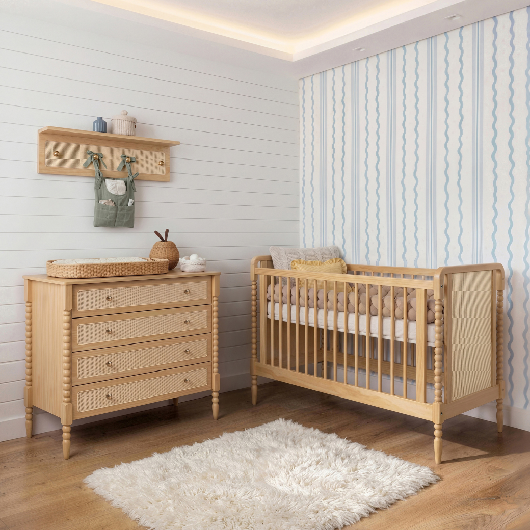 Berço em Madeira Maciça com Rattan na cor Natural 2 em 1 | Linha Solene