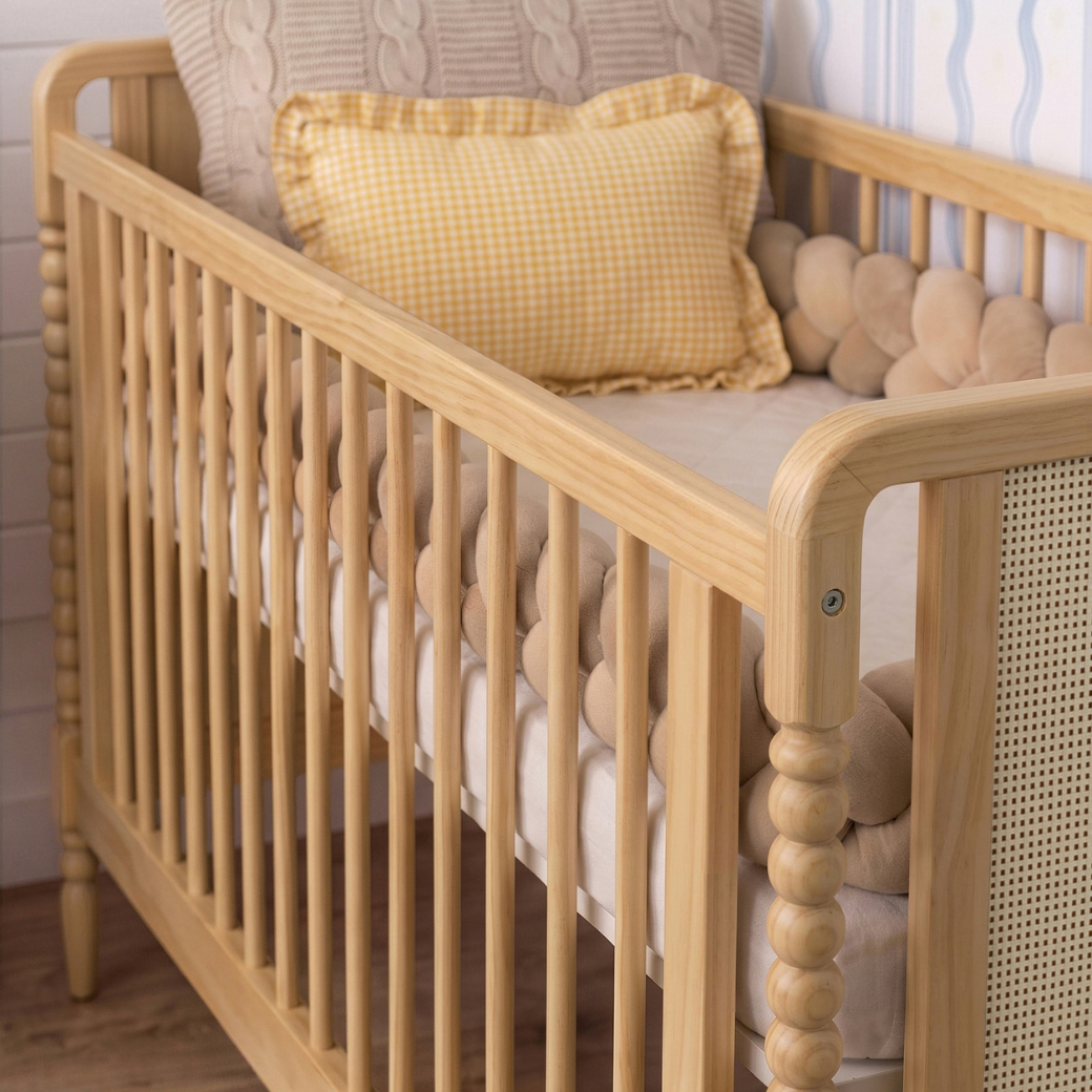 Berço em Madeira Maciça com Rattan na cor Natural 2 em 1 | Linha Solene