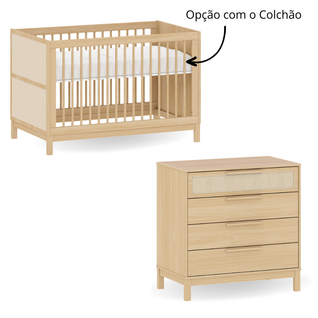 Berço Evolutivo e Cômoda 4 gavetas com Palinha Linha Indy