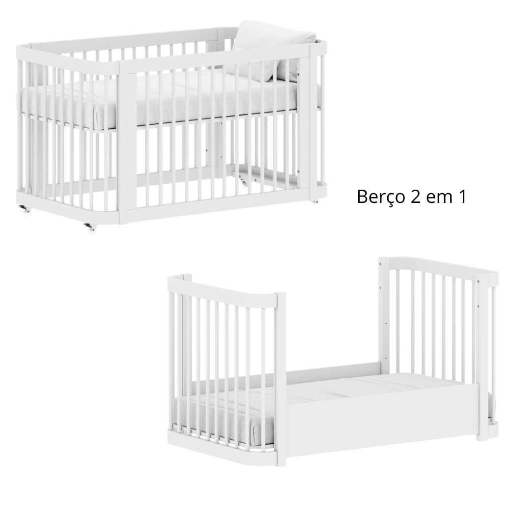 Berço Evolutivo Mdf Branco Fosco 2 em 1 ou 3 em 1 Linha Evolutivo Quater