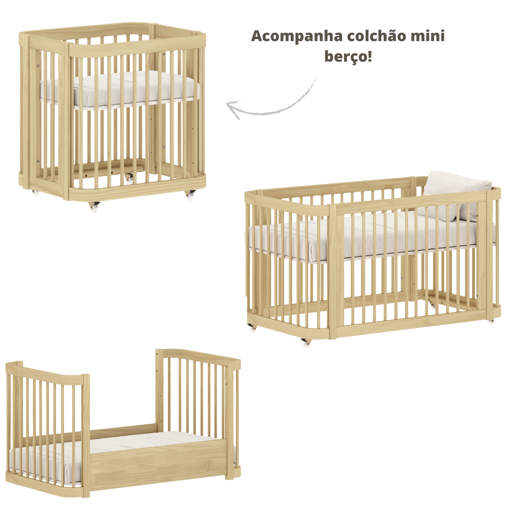 Berço Evolutivo e Cômoda Grande 6 Gavetas Branco com Carvalho Malva
