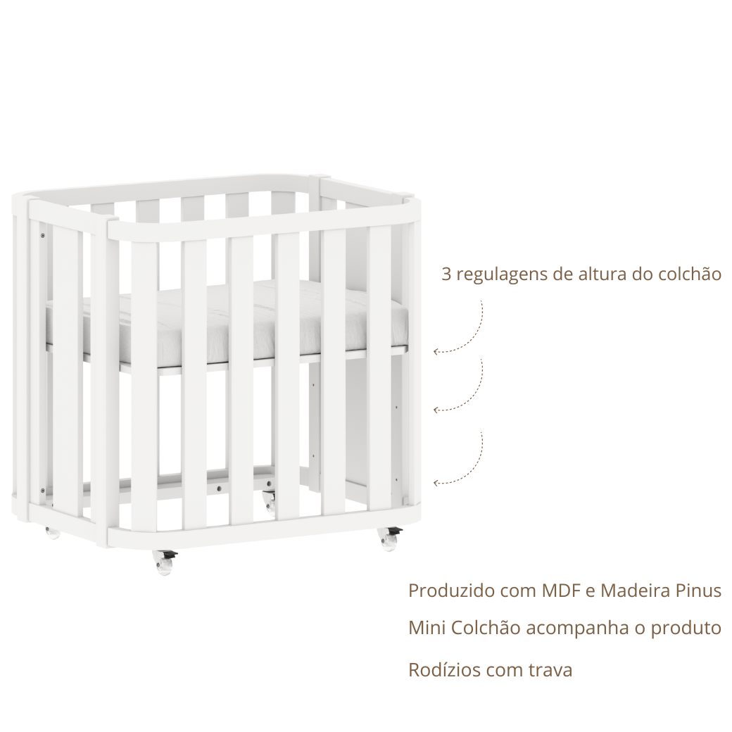 Berço Evolutivo 3 em 1 Loop e Cômoda Branca 6 Gavetas Tomi