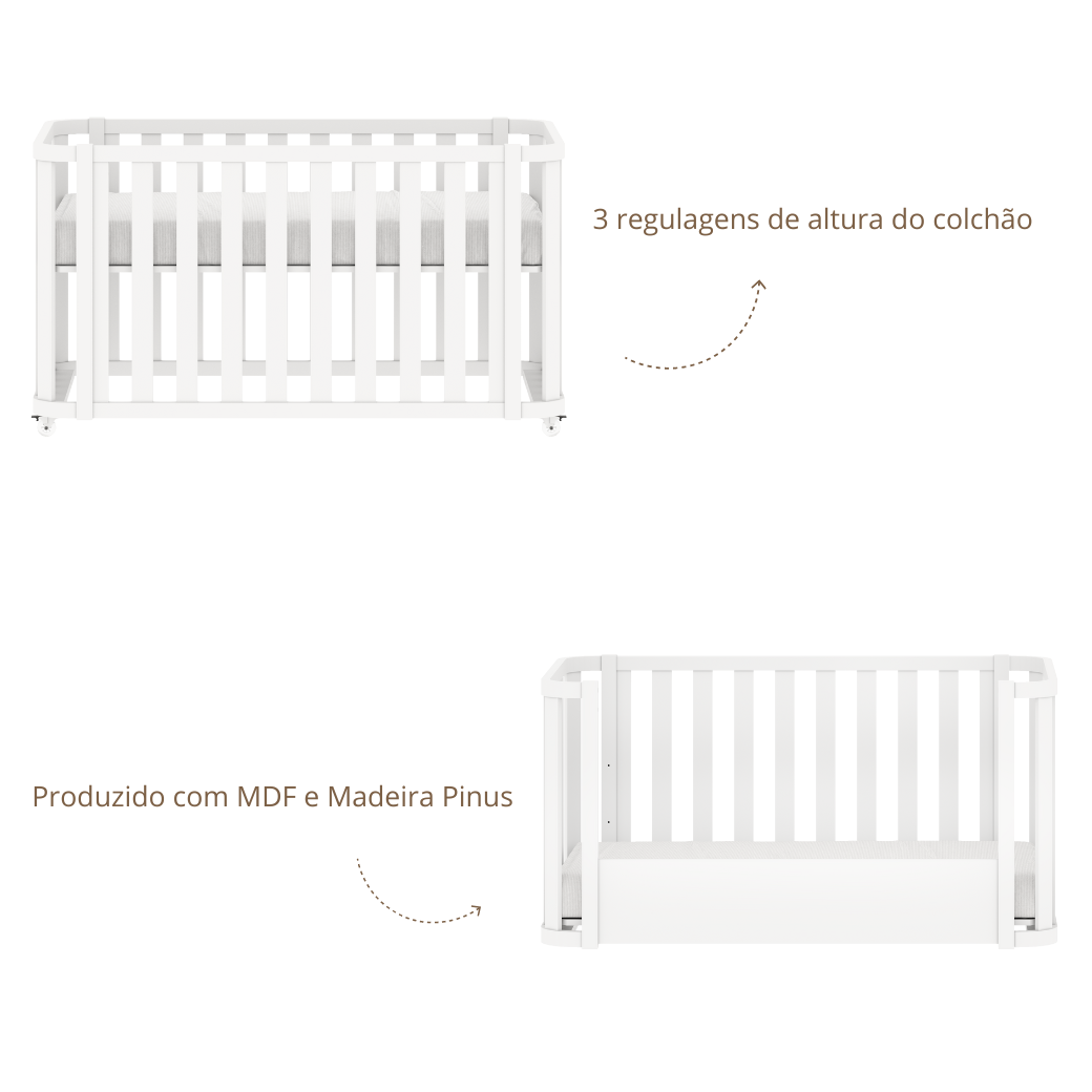 Conjunto Berço 2 em 1 Loop + Cômoda Bloom 4 Gavetas com Porta - Branco Fosco