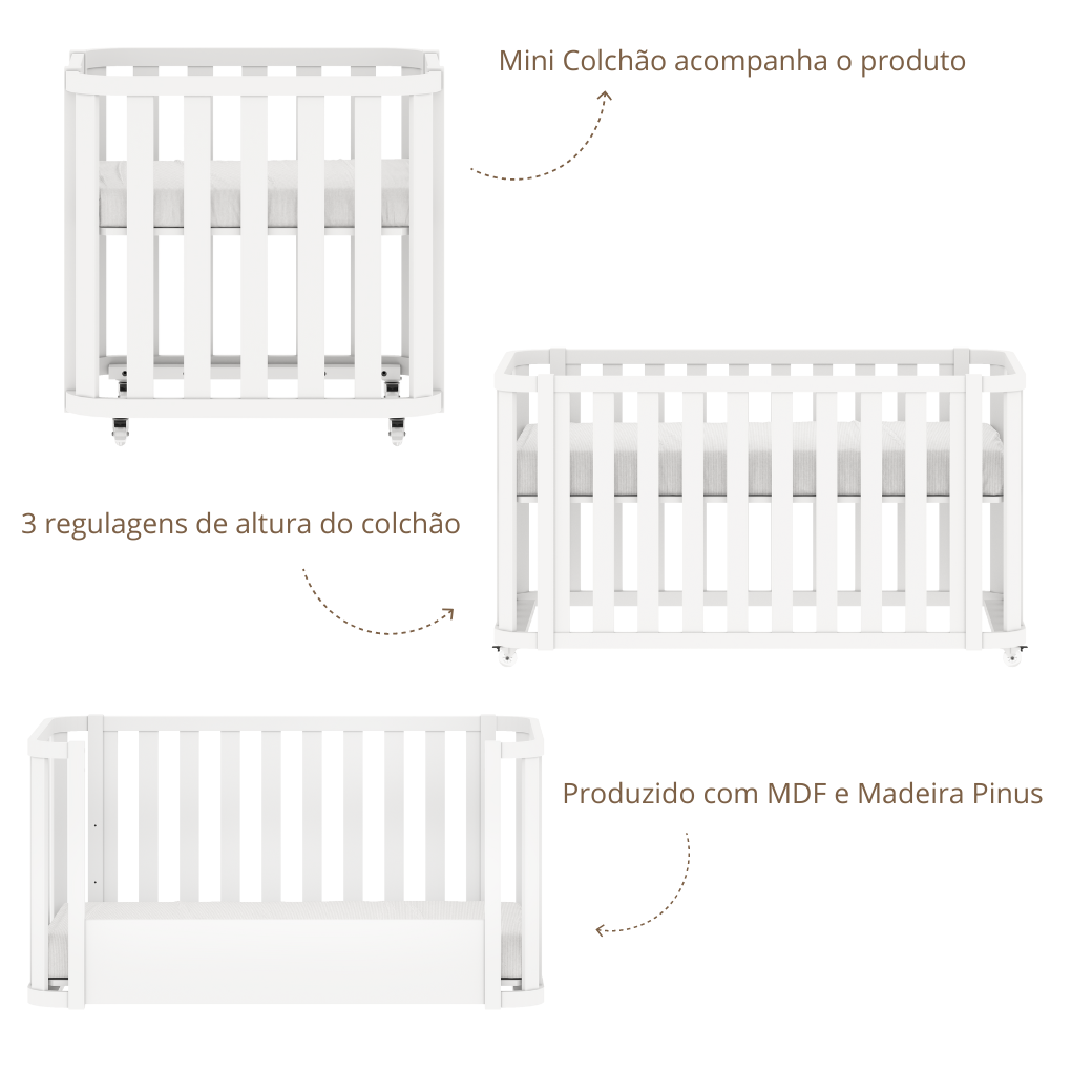 Detalhes do berço 3 em 1. Mini berço na qual tem o colchão que acompanha o produto. Berço que possui regulagem em 3 alturas no estrado. Todo produzido em MDF com madeira de Pinus