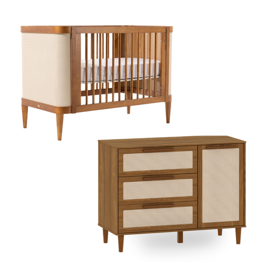 Berço e Cômoda 120cm Paglia Nogueira | Madeira Maciça