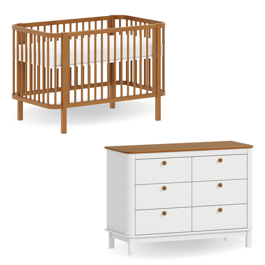 Conjunto Móveis Quarto Bebê – Berço 2 em 1 e Cômoda 6 Gavetas com Tampo de Madeira cor Nogueira.
