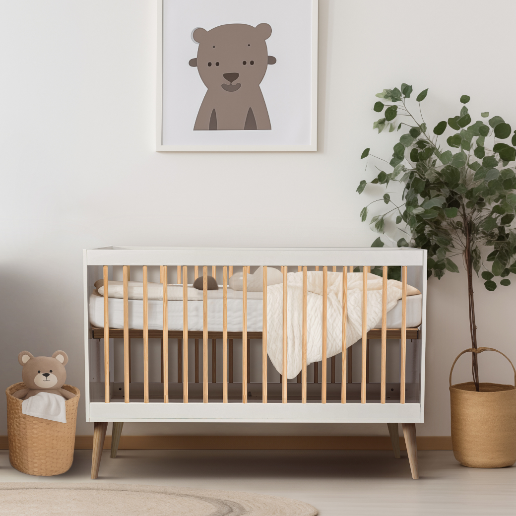 Berço Americano de Bebê 2 em 1 Linha Retrô Branco com Carvalho