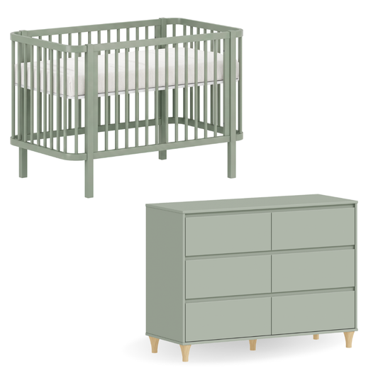 Berço Americano 2 em 1 e Cômoda 6 gavetas | Verde Jade