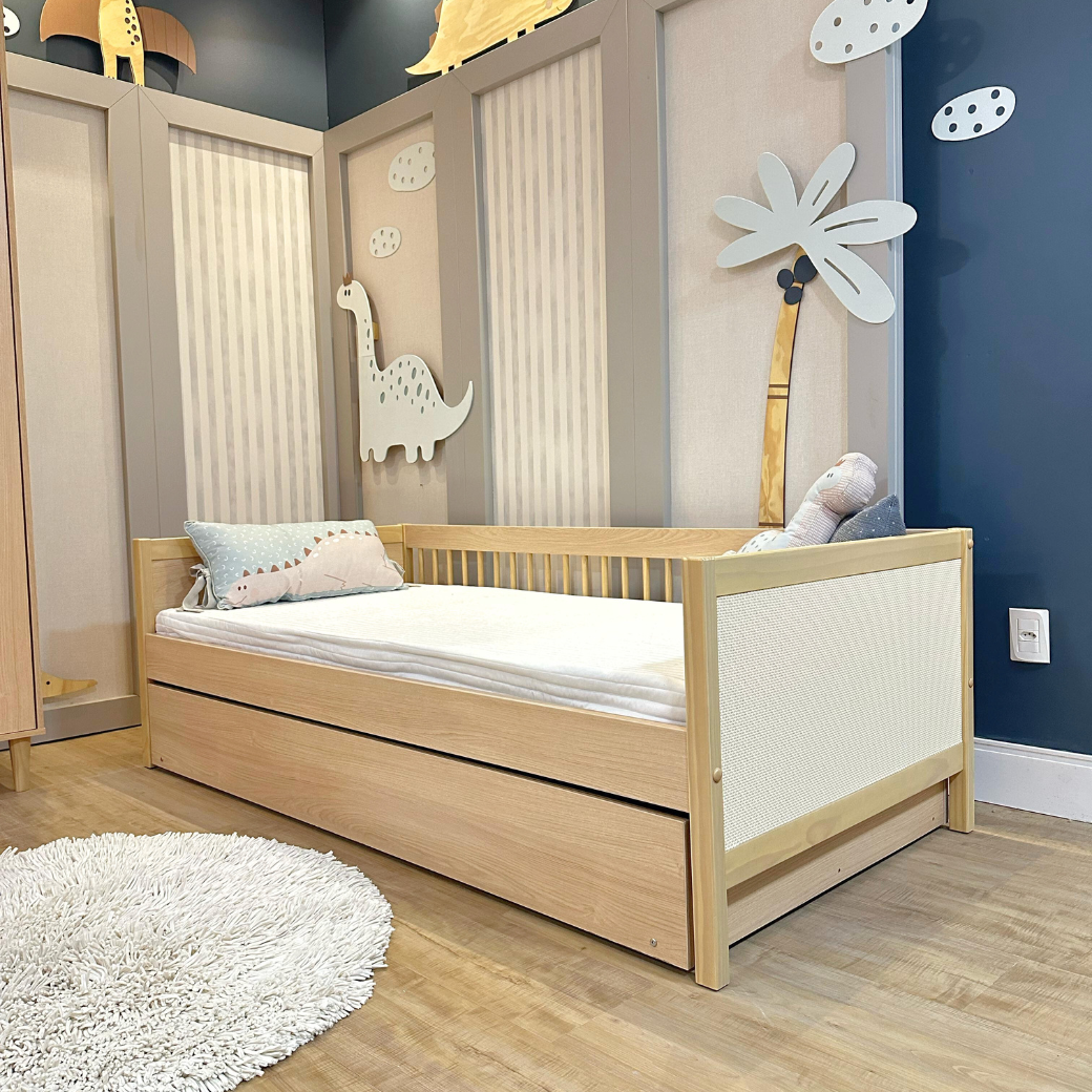 Bicama Infantil Paglia em MDF com Cabeceiras em Rattan – Carvalho Malva, Pés em Madeira