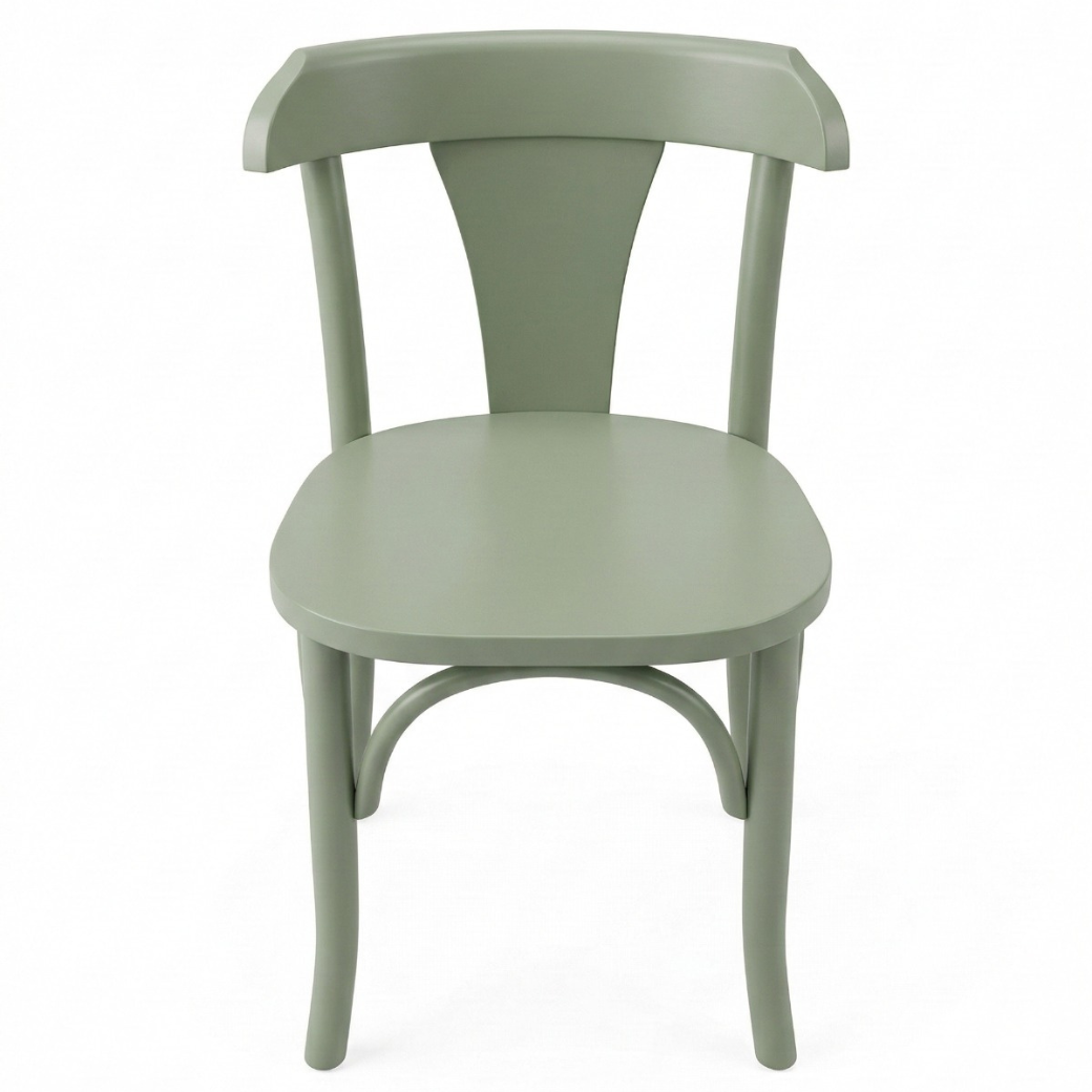Cadeirinha vintage verde em vista frontal.
