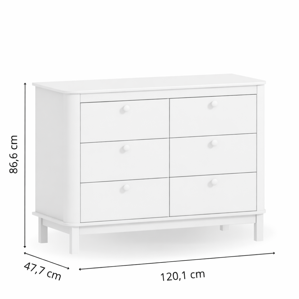 Cômoda laqueada branca com 120cm de largura.