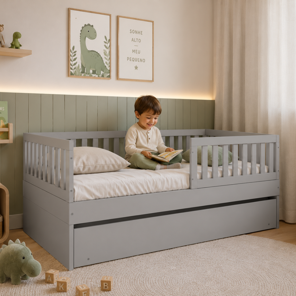 A Bicama Infantil Linha Play na cor cinza combina design contemporâneo, funcionalidade e um visual versátil para compor quartos infantis modernos e acolhedores.