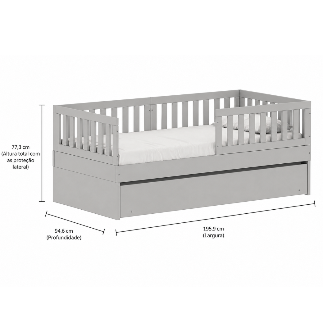 Com medidas amplas e funcionais, a Bicama Linha Play foi desenvolvida para oferecer conforto, praticidade e melhor aproveitamento do espaço no quarto infantil.