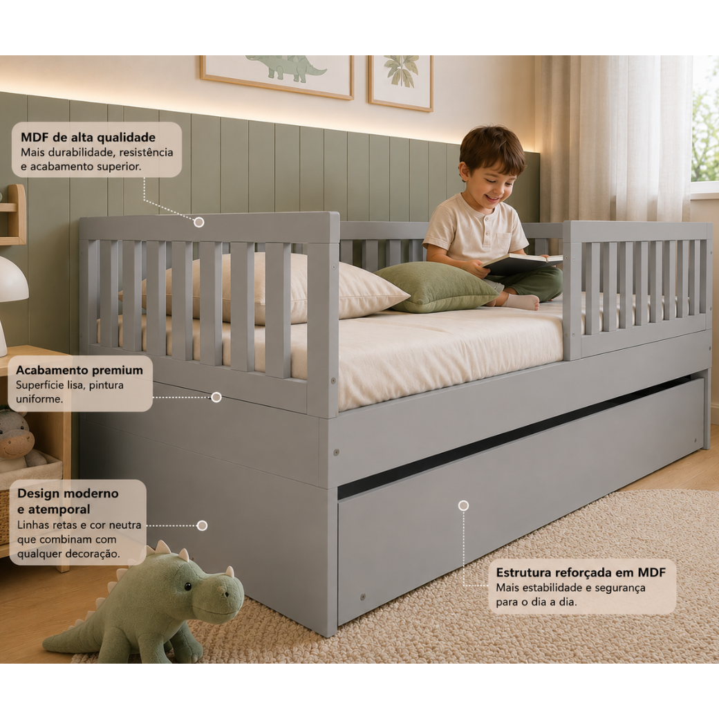 A Bicama Play combina acabamento laqueado premium e pintura atóxica para criar um ambiente infantil elegante, seguro e acolhedor.