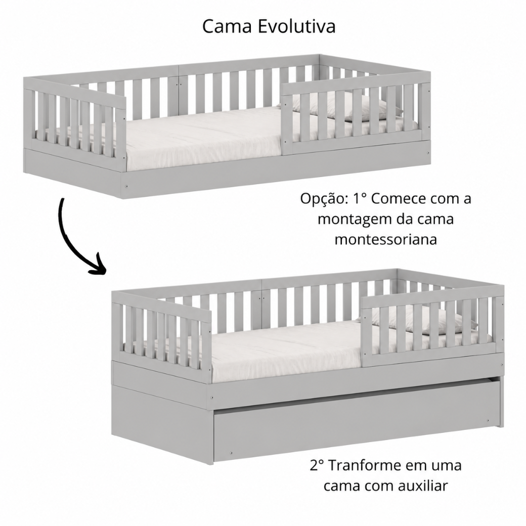 A Cama Linha Play acompanha o crescimento da criança com versatilidade, começa na proposta montessoriana e permite adicionar a cama auxiliar conforme a necessidade da família.