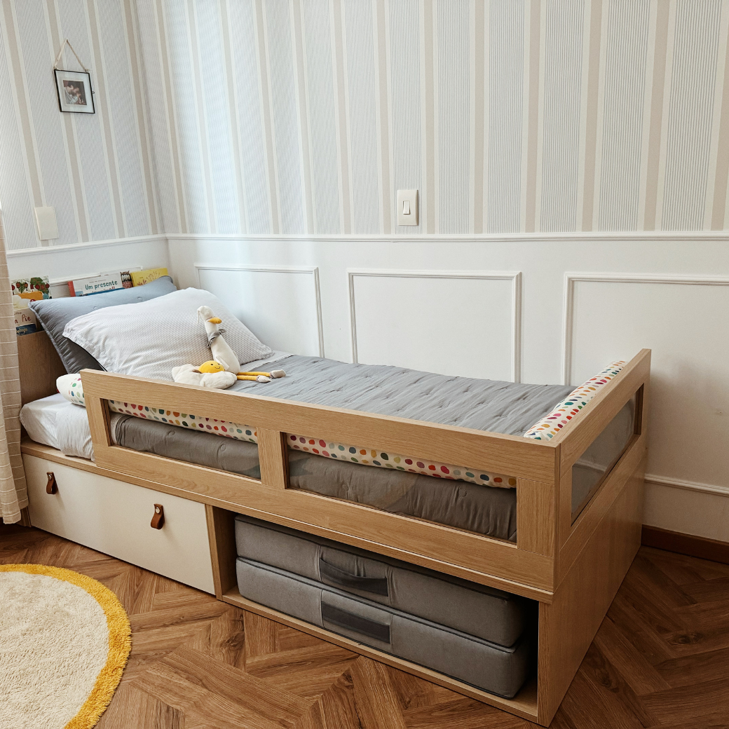 Cama com Gaveta Proteção Lateral e Cabeceira porta Livros Linha Join