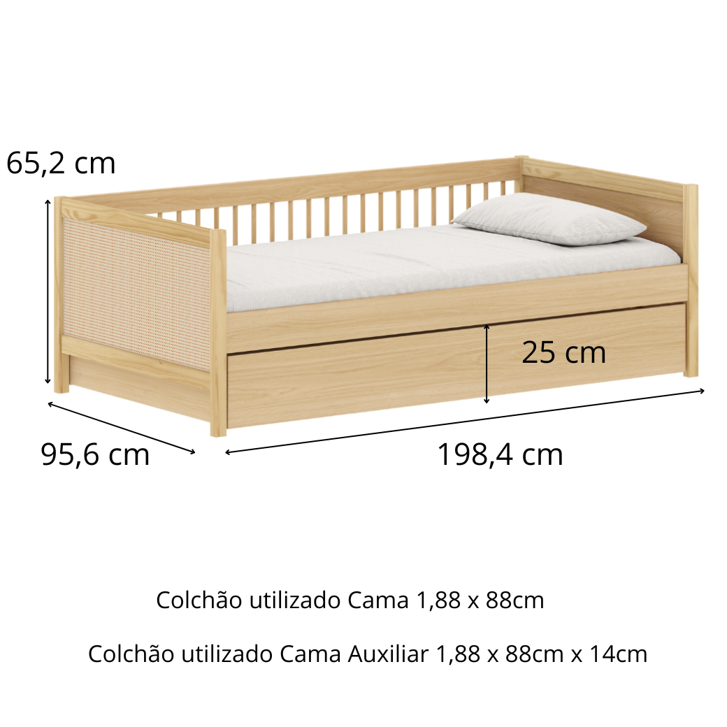Bicama Infantil Paglia em MDF com Cabeceiras em Rattan – Carvalho Malva, Pés em Madeira