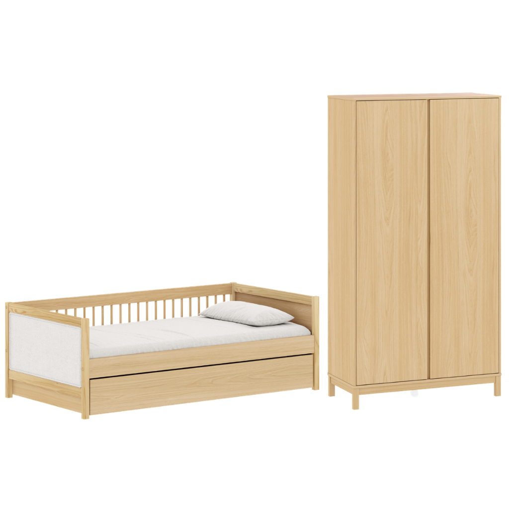 Cama e Guarda Roupa Soley Quater: Qualidade Estrutural: Construído integralmente em MDF de 18mm com pés em Madeira Maciça, garantindo estabilidade superior e uma vida útil prolongada.