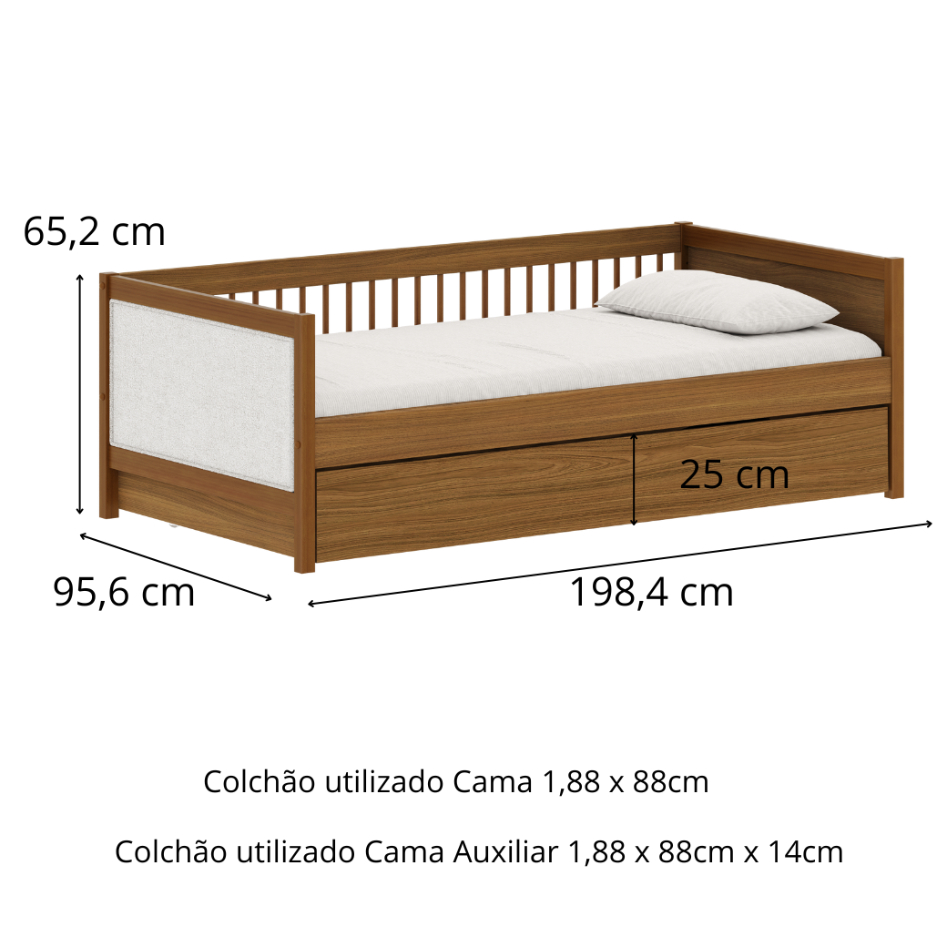 Cama com Auxiliar em Mdf e Tecido Bouclé Linha Soley