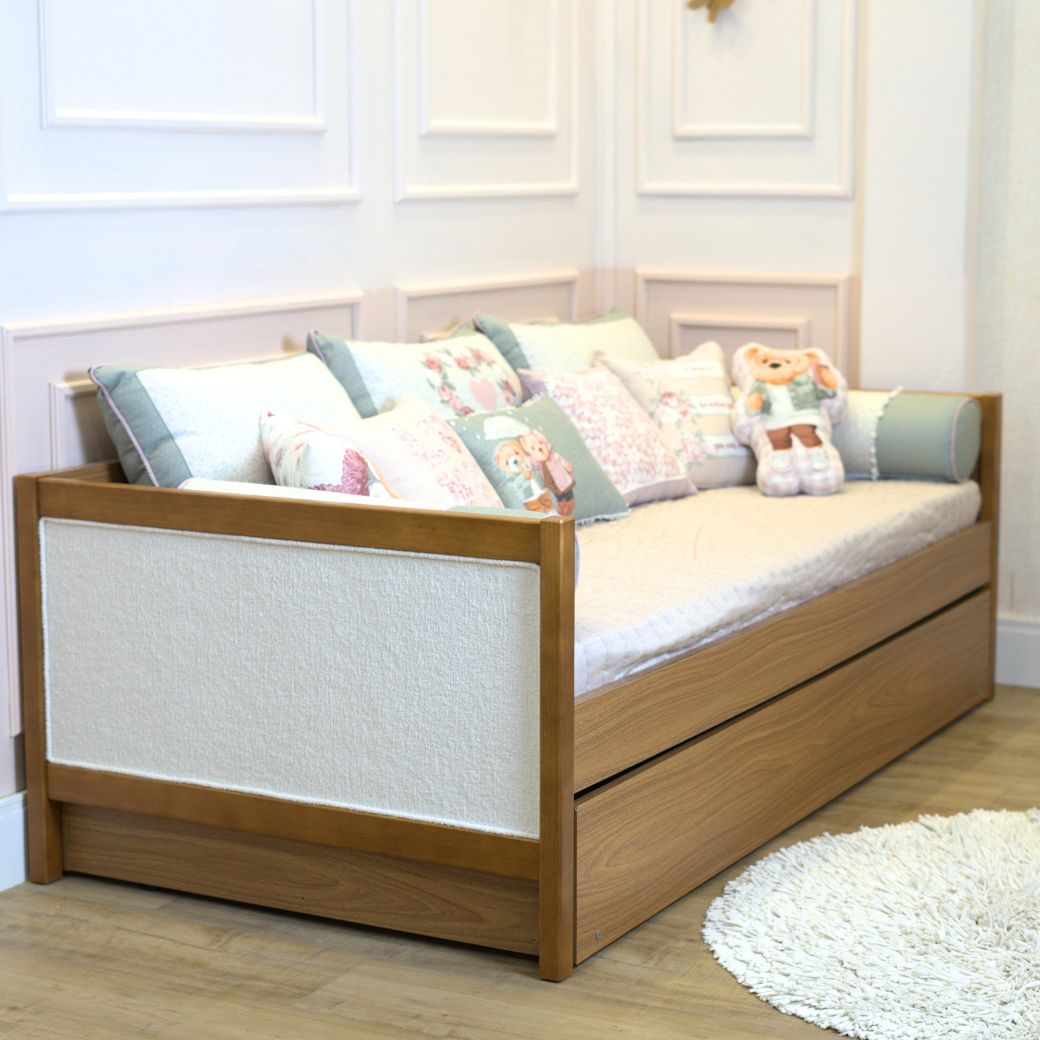 Cama com Auxiliar em Mdf e Tecido Bouclé Linha Soley