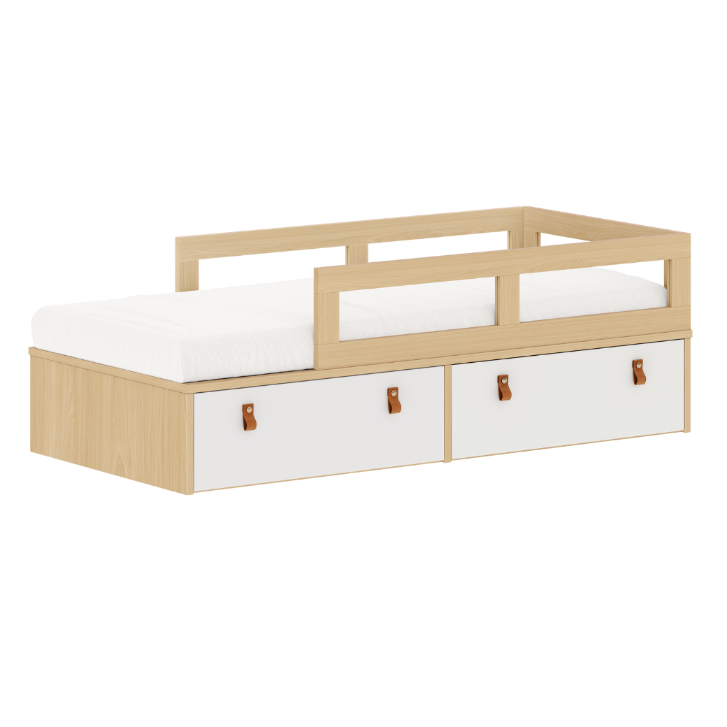 Cama Infantil com Gavetas e Grade de Proteção Lateral – Linha Join | Carvalho Malva e Branco