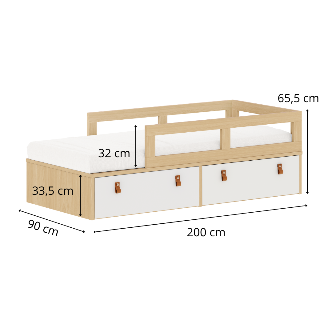 Cama Infantil com Gavetas e Grade de Proteção Lateral – Linha Join | Carvalho Malva e Branco