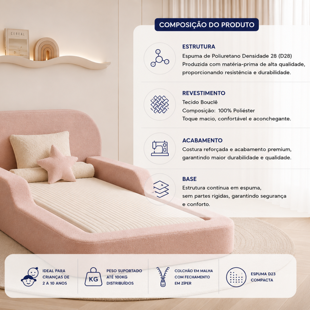 Cama Montessoriana de Espuma Solteiro com Colchão Incluso