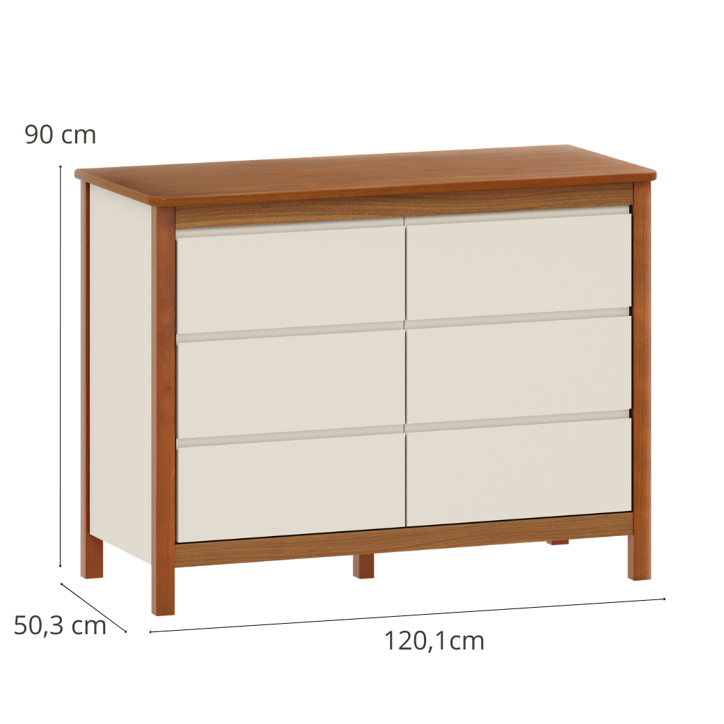 Cômoda Softy Areia com Nogueira estrutura completa, design moderno e funcional medindo 120cm de largura.