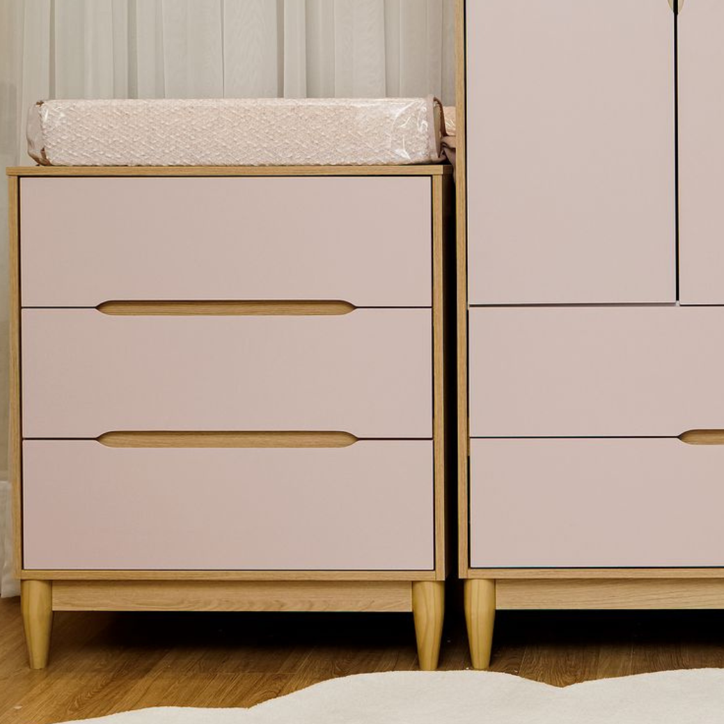 Cômoda Infantil Tomi 3 Gavetas Rosa com Carvalho Malva em MDF 15 mm