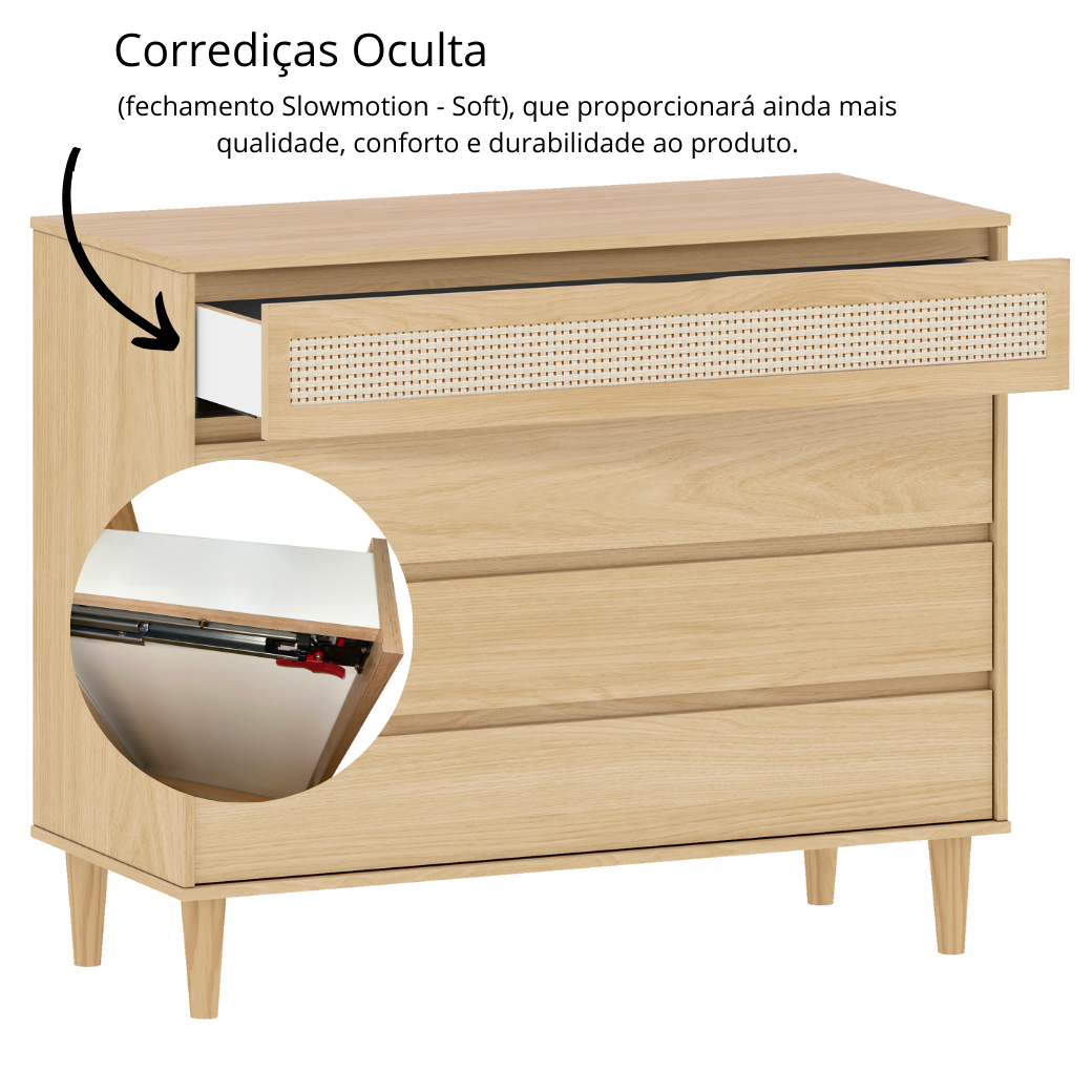 Conjunto Linha Paglia – Berço 2 em 1 em Madeira Pinus, Cômoda MDF com Palhinha e Guarda-Roupa 3 Portas