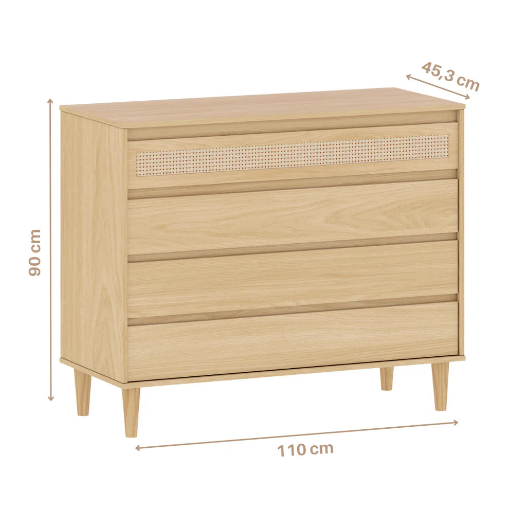 Conjunto Linha Paglia – Berço 2 em 1 em Madeira Pinus, Cômoda MDF com Palhinha e Guarda-Roupa 3 Portas