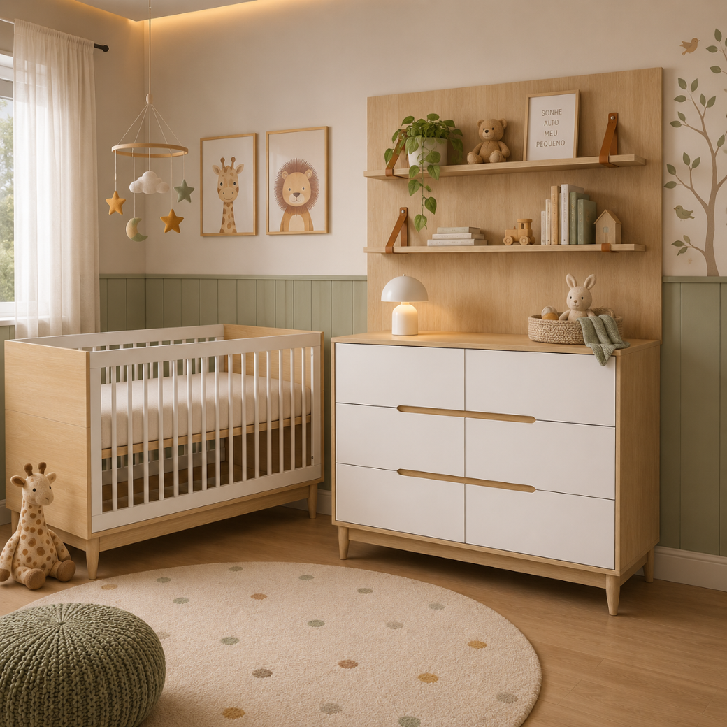 Berço Tomi com o Conjunto Cômoda 6 Gavetas com Painel e Prateleiras MDF