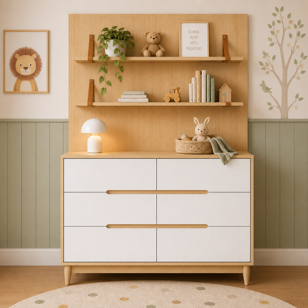Conjunto Cômoda 6 Gavetas com Painel e Prateleiras MDF