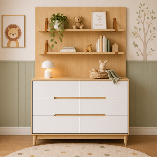 Conjunto Cômoda 6 Gavetas com Painel e Prateleiras MDF