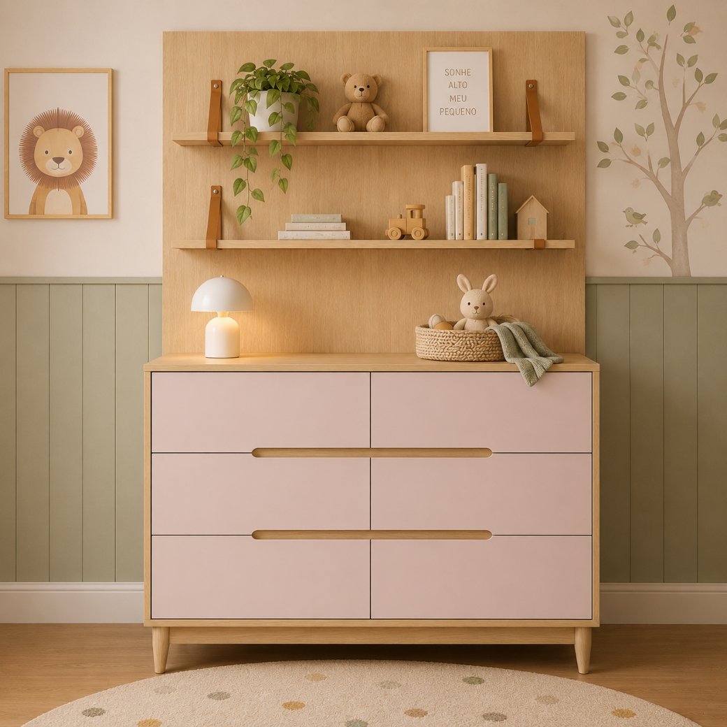 Conjunto Cômoda 6 Gavetas com Painel e Prateleiras MDF, possui 3 opções de cores de frente de gavetas, branca, cinza e rosa.