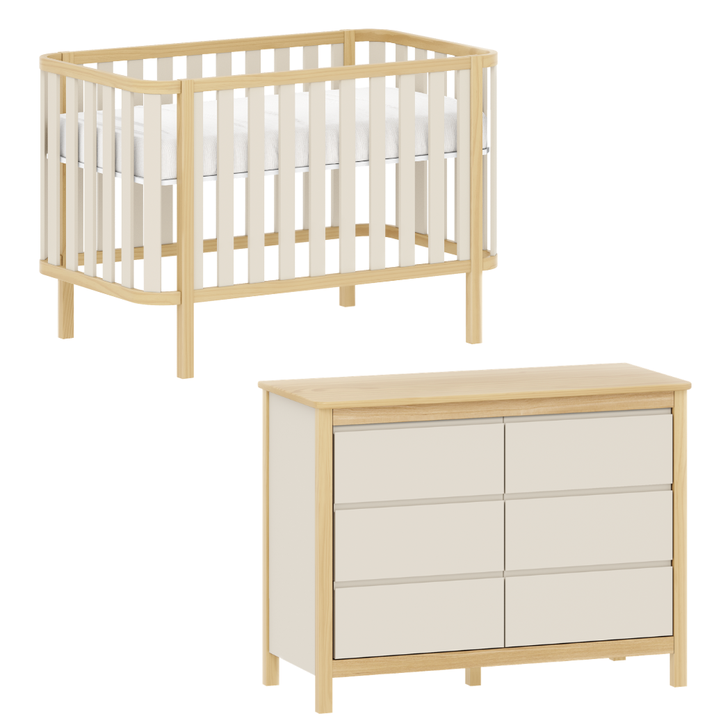Conjunto berço e cômoda com design clean, madeira clara e acabamento premium. Funcional, seguro e atemporal para o quarto do bebê