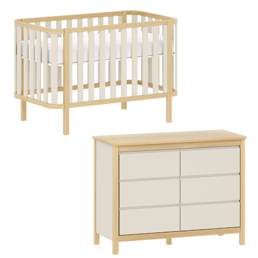 Conjunto berço e cômoda com design clean, madeira clara e acabamento premium. Funcional, seguro e atemporal para o quarto do bebê