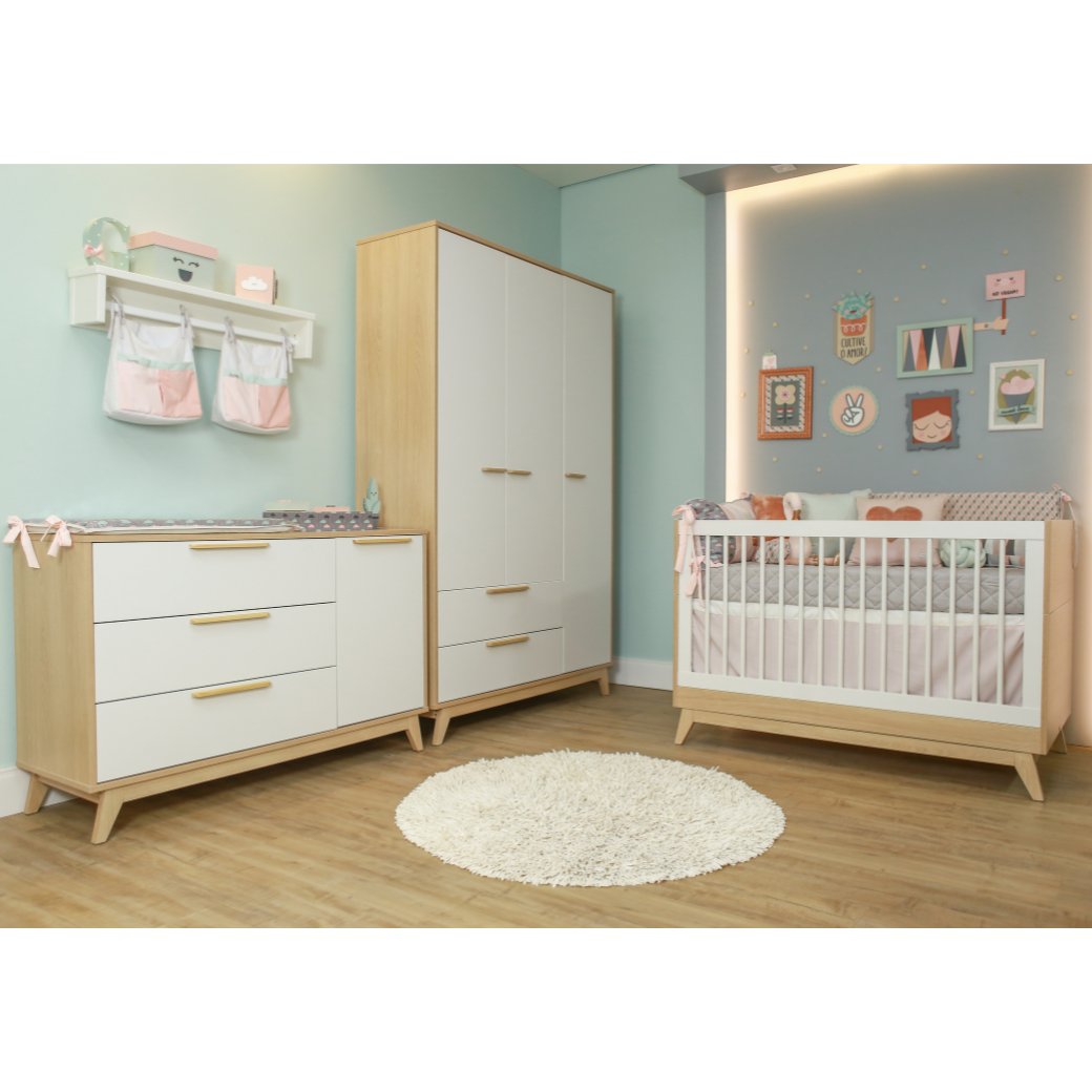 Berço Americano + Cômoda com porta + Guarda-Roupa Infantil Petit Branco com Carvalho