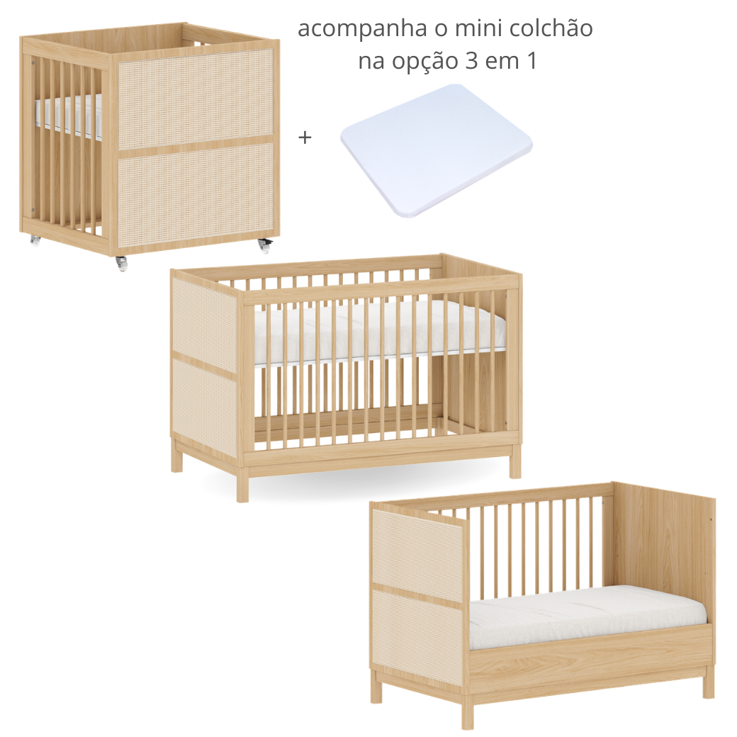 O modelo evolutivo 3 em 1 acompanha o crescimento da criança, oferecendo praticidade e excelente aproveitamento ao longo das fases.