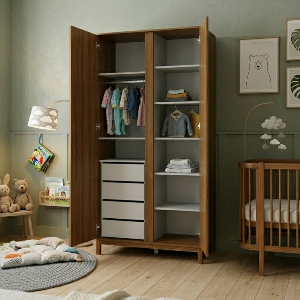 As linhas verticais bem definidas e a estrutura retangular reforçam a organização e a modernidade, permitindo que ele seja um guarda roupa atemporal, que transita facilmente do quarto de bebê para um dormitório juvenil ou de solteiro.