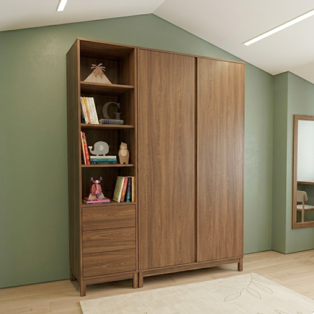 Guarda roupa infantil com módulos que podem ser utilizados juntos, formando um conjunto único, ou separados, conforme a necessidade do seu espaço.