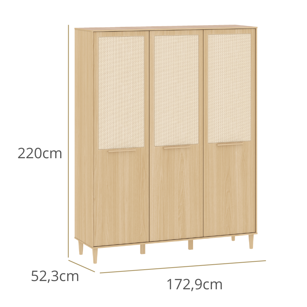 Conjunto Linha Paglia – Berço 2 em 1 em Madeira Pinus, Cômoda MDF com Palhinha e Guarda-Roupa 3 Portas
