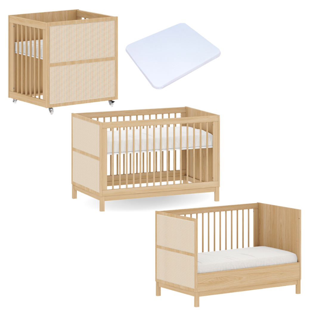 Berço 3 em 1 em MDF e palha natural Linha Indy